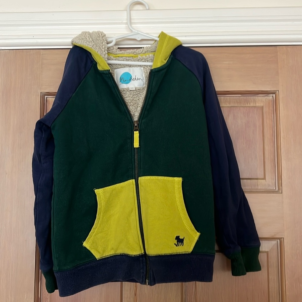 Mini Boden Sherpa-Lined Colorblock Hooded Sweater Kids 7-8y Comfy EUC